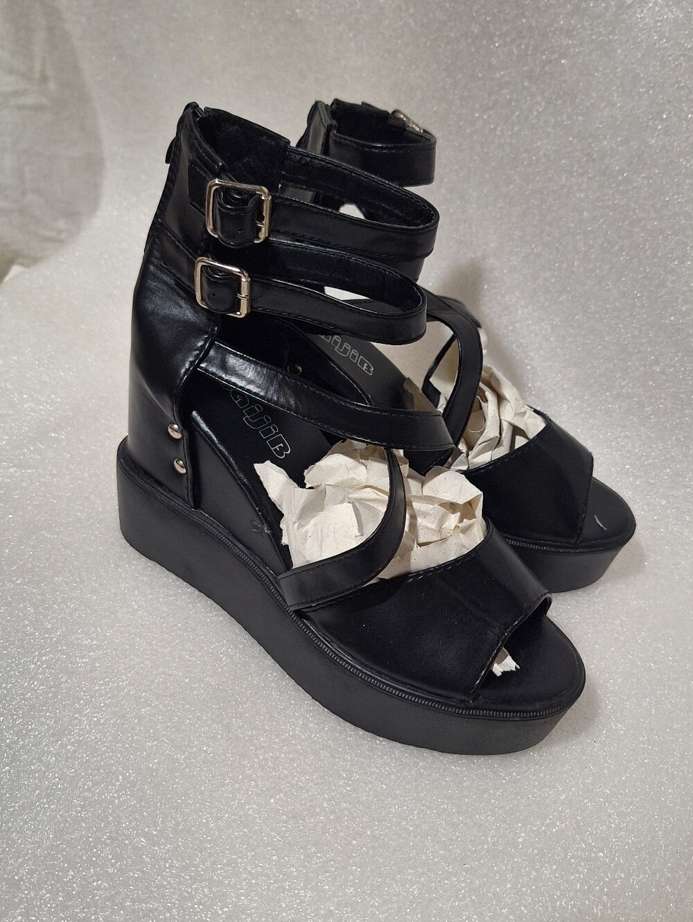 Black Strappy Wedge Sandals for Women